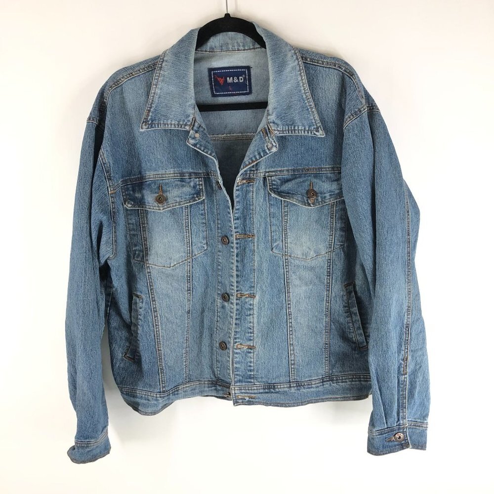 M&D Mens Denim Jacket Vintage Retro Trucker Inside Pocket Cotton Stretch L